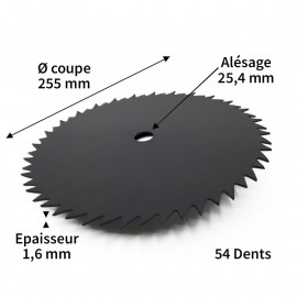 Lame débroussailleuse acier 54 dents ø255 mm alés.25.4 mm ep.1.6 mm