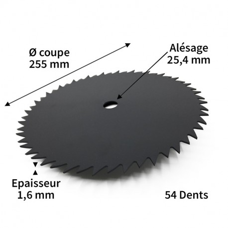 Lame débroussailleuse acier 54 dents ø255 mm alés.25.4 mm ep.1.6 mm